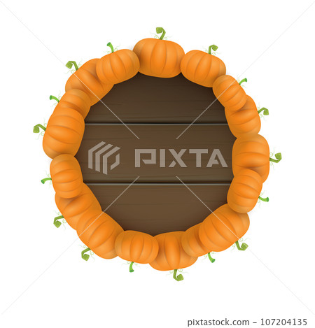autumn round wooden sign with vector orange pumpkins isolated on white background. Creative Design template for farm market banners and thanksgiving day backgrounds with pumpkins frame autumn round wooden sign with vector orange pumpkins isolated on white background. Creative Design template for farm market banners and thanksgiving day backgrounds with pumpkins frame 107204135