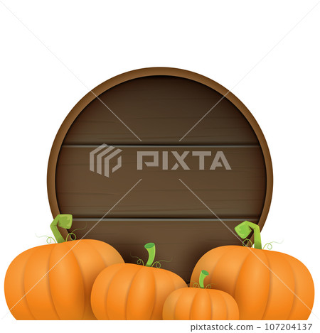 autumn round wooden sign with vector orange pumpkins isolated on white background. Creative Design template for farm market banners and thanksgiving day backgrounds with pumpkins frame 107204137