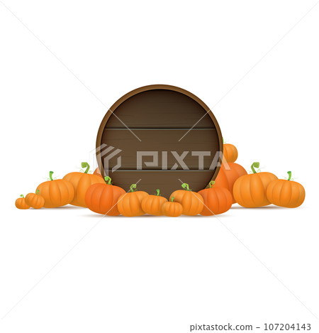 autumn round wooden sign with vector orange pumpkins isolated on white background. Creative Design template for farm market banners and thanksgiving day backgrounds with pumpkins frame 107204143