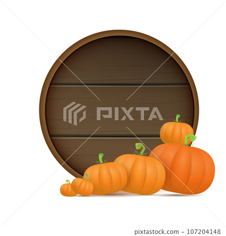 autumn round wooden sign with vector orange pumpkins isolated on white background. Creative Design template for farm market banners and thanksgiving day backgrounds with pumpkins frame 107204148