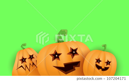 Halloween Horizontal web Banner or poster with Halloween scary pumpkins isolated on green screen background. Funky kids Halloween background with space for text Halloween Horizontal web Banner or poster with Halloween scary pumpkins isolated on green screen background. Funky kids Halloween background with space for text 107204171