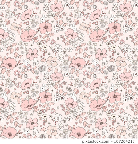 Beautiful seamless pattern with cute colorful abstract flowers and white rabbits. Stock print illustration. Popular design. Beautiful seamless pattern with cute colorful abstract flowers and white rabbits. Stock print illustration. Popular design. 107204215