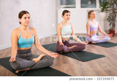 Three women doing yoga in fitness studio Three women doing yoga in fitness studio 107204675