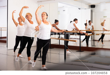 Group of women perform the battement tendu movement, standing in a ballet stance near the barre 107204858