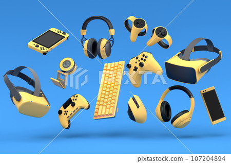 Top view gamer gears like mouse, keyboard, joystick, headphones and microphone on blue background. 3d render of accessories for live streaming concept 107204894