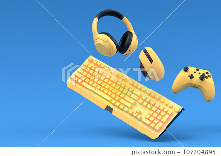 Top view gamer gears like mouse, keyboard, joystick, headphones and mouse on blue background. 3d render of accessories for live streaming concept 107204895