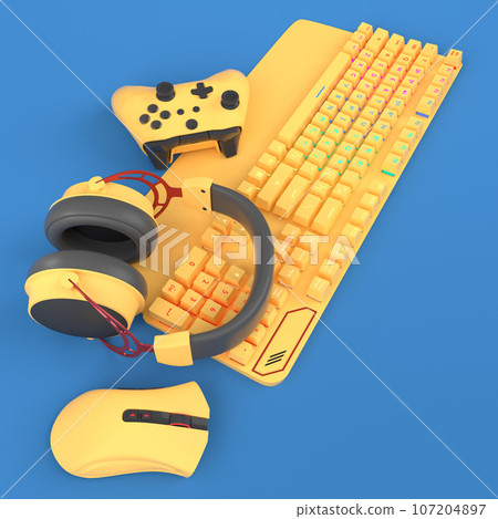 Top view gamer gears like mouse, keyboard, joystick, headphones and mouse on blue background. 3d render of accessories for live streaming concept 107204897