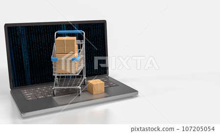 The trolley and box on notebook for e commerces concept 3d rendering 107205054