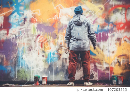 Street Artist Painting Colorful Graffiti on Public Wall, Modern Street Art Murales, Generative AI Illustration 107205233