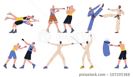 Sparring people. Boxers and fencers. Men punching and kicking with fists in gloves. Boxing championship. Professional athletes in uniform. Fights and training. Sportsmen vector set 107205368