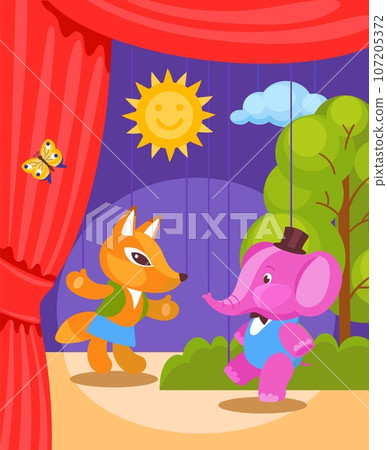 Puppet show on theater stage with animal dolls Vector Image