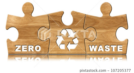 Wooden Puzzle Pieces with Text Zero Waste and a Recycling Symbol Wooden Puzzle Pieces with Text Zero Waste and a Recycling Symbol 107205377