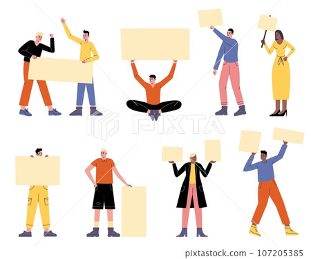 People on parade. Cartoon male or female protesters with blank placards. Demonstration for peace. Participants characters with manifestation banners. Social movement. Vector activists set 107205385