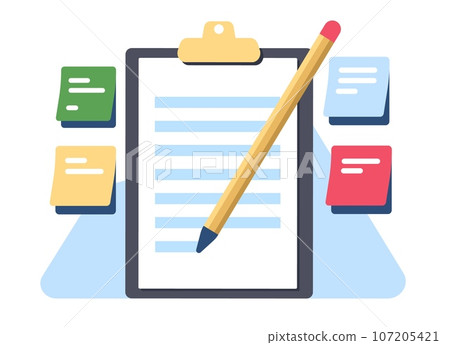 Notebook with list and pencil. Tablet with paper sheets. Sticky notepaper. Reminder writing. Office stationery. Organizer checklist. Memo in copybook. Pocketbook pages. Vector concept Notebook with list and pencil. Tablet with paper sheets. Sticky notepaper. Reminder writing. Office stationery. Organizer checklist. Memo in copybook. Pocketbook pages. Vector concept 107205421