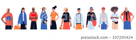 Multicultural students. Multiethnic young people. Girls and guys in casual clothes. Different nationalities. Standing men and women. University community. Vector isolated persons set Multicultural students. Multiethnic young people. Girls and guys in casual clothes. Different nationalities. Standing men and women. University community. Vector isolated persons set 107205424