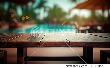Table Pool Mockup, Wooden Background Space by the Hotel Swimming Pool, Abstract Generative AI Illustration 107205439