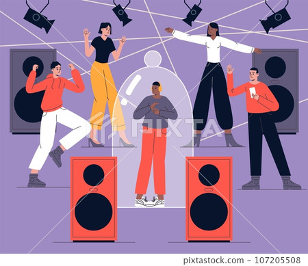 Extravert party with introvert. Lonely guy under glass hood. Funny people dancing. Night club entertainment. Sociable and withdrawn cartoon persons. Psychology mindset. Vector concept Extravert party with introvert. Lonely guy under glass hood. Funny people dancing. Night club entertainment. Sociable and withdrawn cartoon persons. Psychology mindset. Vector concept 107205508