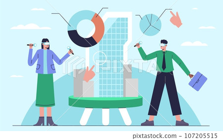 Designing buildings in virtual world. Augmented reality work. Architects presentation. Interactive house layouts. 3D skyscraper simulator. Construction industry technology. Vector concept 107205515