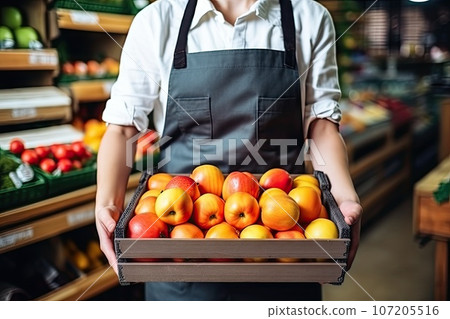 Fruit Store, Working in Grocery Store, Supermarket Worker Supplying Fruits, Generative AI Illustration 107205516
