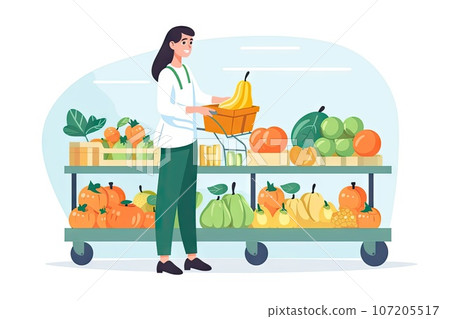 Fruit Store, Working in Grocery Store, Supermarket Worker Supplying Fruits, Generative AI Illustration 107205517