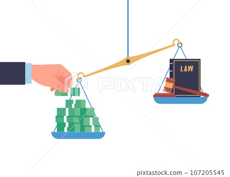 Corruption in legal system. Hand puts money on scales. Law book or gavel. Banknote stack. Bribe currency comparing with judgment punishment authority. Corrupted judge. Vector concept Corruption in legal system. Hand puts money on scales. Law book or gavel. Banknote stack. Bribe currency comparing with judgment punishment authority. Corrupted judge. Vector concept 107205545