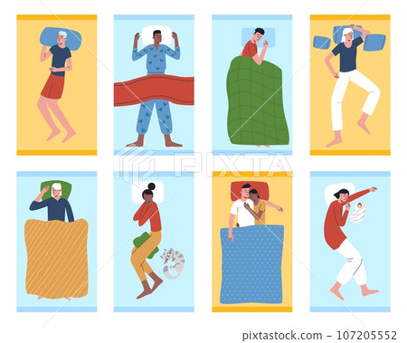 Cartoon sleeping people. Men and women slumbering in different poses. Nighttime relaxation. Couples lying in beds. Parents with kids napping under blanket. Resting positions vector set Cartoon sleeping people. Men and women slumbering in different poses. Nighttime relaxation. Couples lying in beds. Parents with kids napping under blanket. Resting positions vector set 107205552