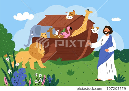 Biblical scene. Old testament. Noah ark with wild animals. Bearded man in tunic gathers fauna characters on ship. Wooden boat. Christian religion. Gospel legend. Garish vector concept 107205559