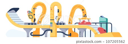 Assembly line. Automatic robotic industrial production. Manufacturing conveyor. Automated manipulators. Factory innovation. Construction technology. Product processing. Vector concept 107205562