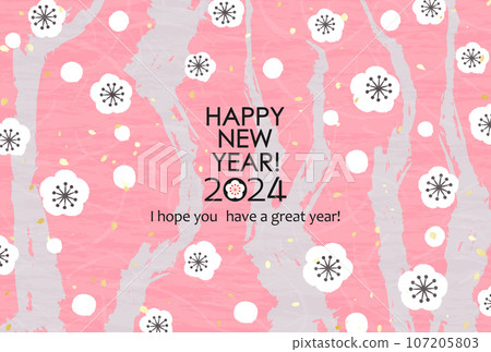 2024 New Year's card Illustration of Japanese paper style texture of plum blossoms 107205803