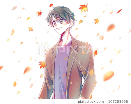 Refreshing man, black hair, autumn leaves 107205966