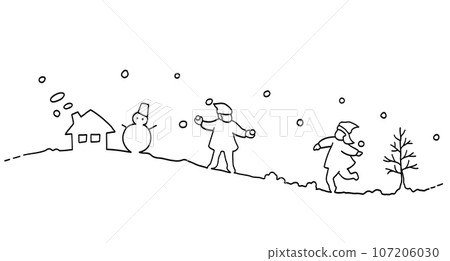 Winter landscape line drawing illustration with children having a snowball fight 107206030