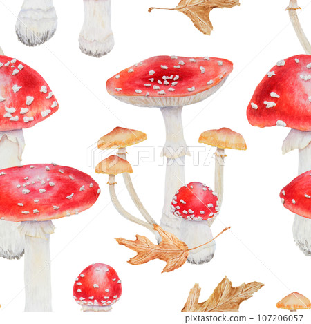 Watercolor seamless pattern of red fly agaric and galerina marginata. Poisonous mushrooms, dry leaves. Hand drawn botanical realistic illustration for packing eco gifts, paper, background, textiles 107206057