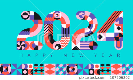 2024 modern geometric lettering New Year card. Memphis style typeface. 107206202