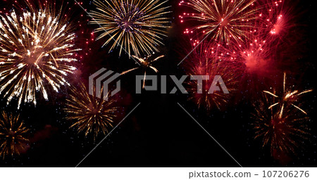 Colorful vibrant Firework celebrate anniversary happy new year 2024, 4th of july holiday festival. colorful firework in night time to celebrate national holiday. countdown new year party background 107206276