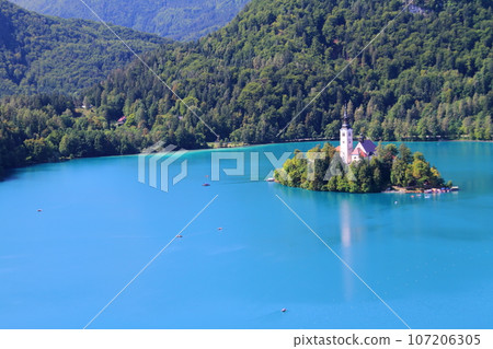 Lake Bled in Slovenia - Bled Island and Church of the Assumption floating in the turquoise lake seen from Bled Castle 107206305