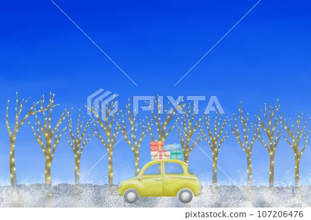 An illustration of a Christmas car running along an illuminated tree-lined street. Glitter background material for Christmas. 107206476