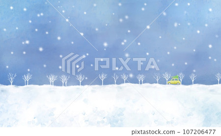 An illustration of a car heading through a snowy field to celebrate Christmas. Beautiful background material with a watercolor touch. 107206477