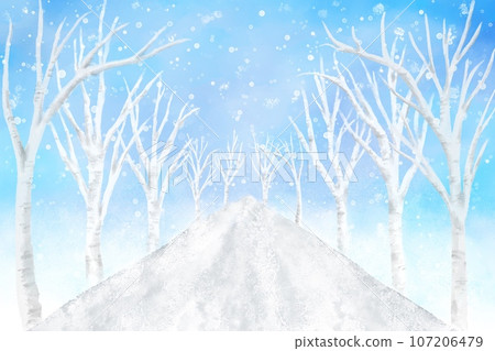 被雪覆蓋的綠樹成蔭大道的背景插圖。美麗的冬季背景材質與水彩風格。 107206479