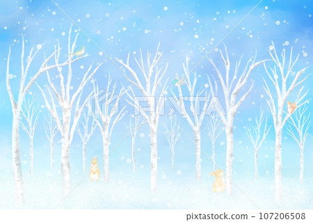 出現在白雪皚皚的冬季森林中的小動物的插圖。使用水彩插圖的可愛背景資料。 107206508