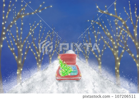 一輛紅色汽車沿著一排閃閃發光的燈光樹駛向聖誕晚會。充滿聖誕氣息的背景 一輛紅色汽車沿著一排閃閃發光的燈光樹駛向聖誕晚會。充滿聖誕氣息的背景 107206511