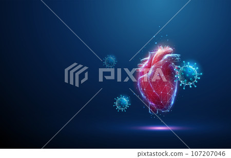 Abstract red human heart with attacking blue viruses. Healthcare medical concept. Low poly style design 107207046