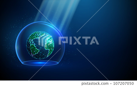 Abstract planet Earth in blue glass dome with sun rays. Ecology protection concept. Low poly style design. Abstract planet Earth in blue glass dome with sun rays. Ecology protection concept. Low poly style design. 107207050