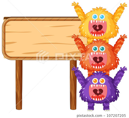 Cute Happy Monster Friends Holding Wooden Sign Board Banner Cute Happy Monster Friends Holding Wooden Sign Board Banner 107207205
