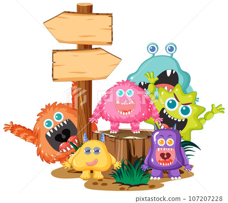 Cute Alien Monsters Cartoon with Directional Wooden Sign Board Cute Alien Monsters Cartoon with Directional Wooden Sign Board 107207228