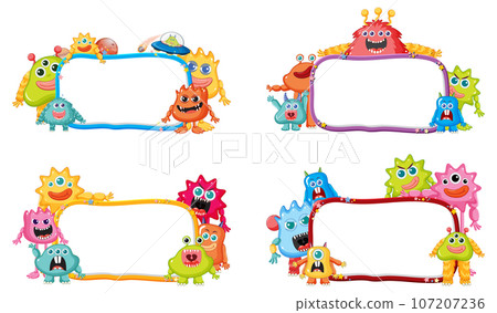 Cute Alien Monsters Cartoon Next to Frame Board Cute Alien Monsters Cartoon Next to Frame Board 107207236