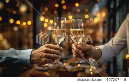 Celebration. Two People holding glasses of champagne making a toast. Champagne with blurred bokeh background. Cheers champagne toast on party. Business,Happy new year or other event. copy space 107207446