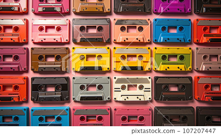 collection of various vintage audio cassettes. retro styled background The Nineties Mixed Tape cassette.90's music top view,flat lay retro background collection of various vintage audio cassettes. retro styled background The Nineties Mixed Tape cassette.90's music top view,flat lay retro background 107207447