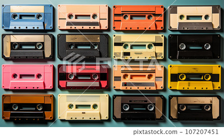 collection of various vintage audio cassettes. retro styled background The Nineties Mixed Tape cassette.90's music top view,flat lay retro background collection of various vintage audio cassettes. retro styled background The Nineties Mixed Tape cassette.90's music top view,flat lay retro background 107207451