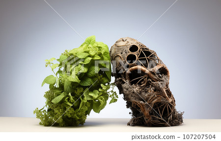 One Healthy lung and one unhealthy lung. Green and brown nature plants shaped like human lungs conceptual image. lungs shape island isolated on white background- Earth day, world health or Environment 107207504