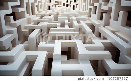 Abstract white maze top view/The concept of a business strategy, analytics, search for solutions, the search output. Labyrinth of white blocks. Abstract white maze top view/The concept of a business strategy, analytics, search for solutions, the search output. Labyrinth of white blocks. 107207517